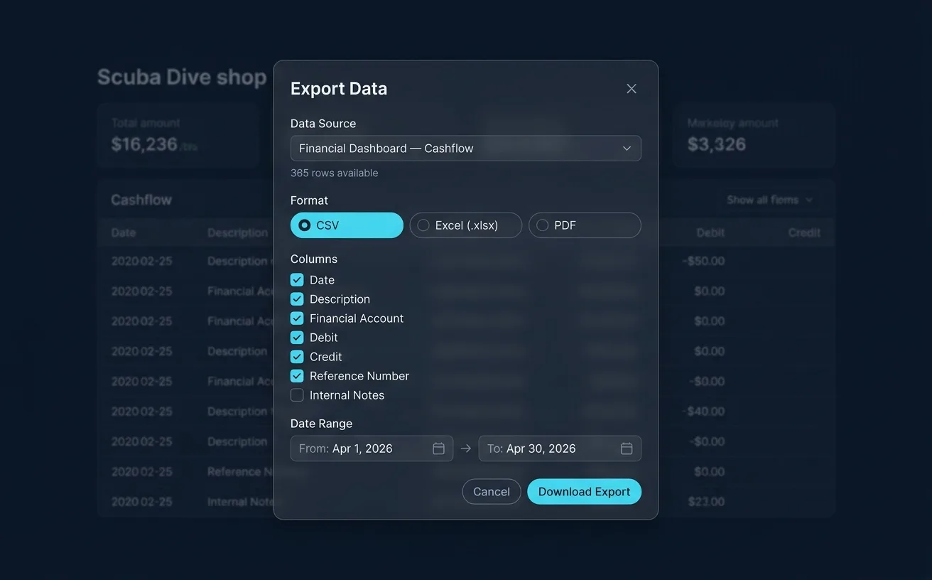 ScubaCloud dive center Excel export dialog with report sections, column picker, and date range filter